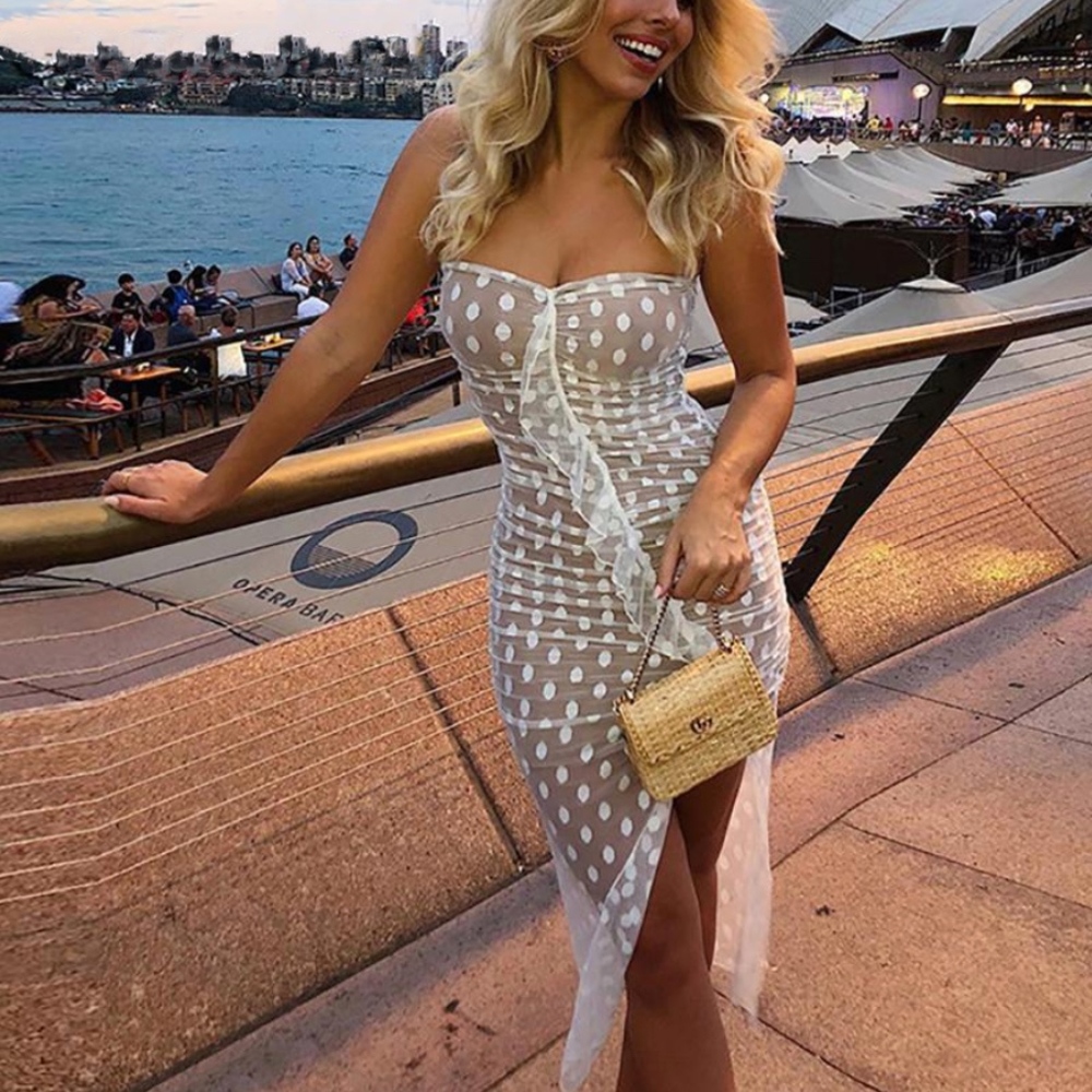 Polka Dot Mesh Ruffle Strapless High Slit Dress - Picture 3 of 6